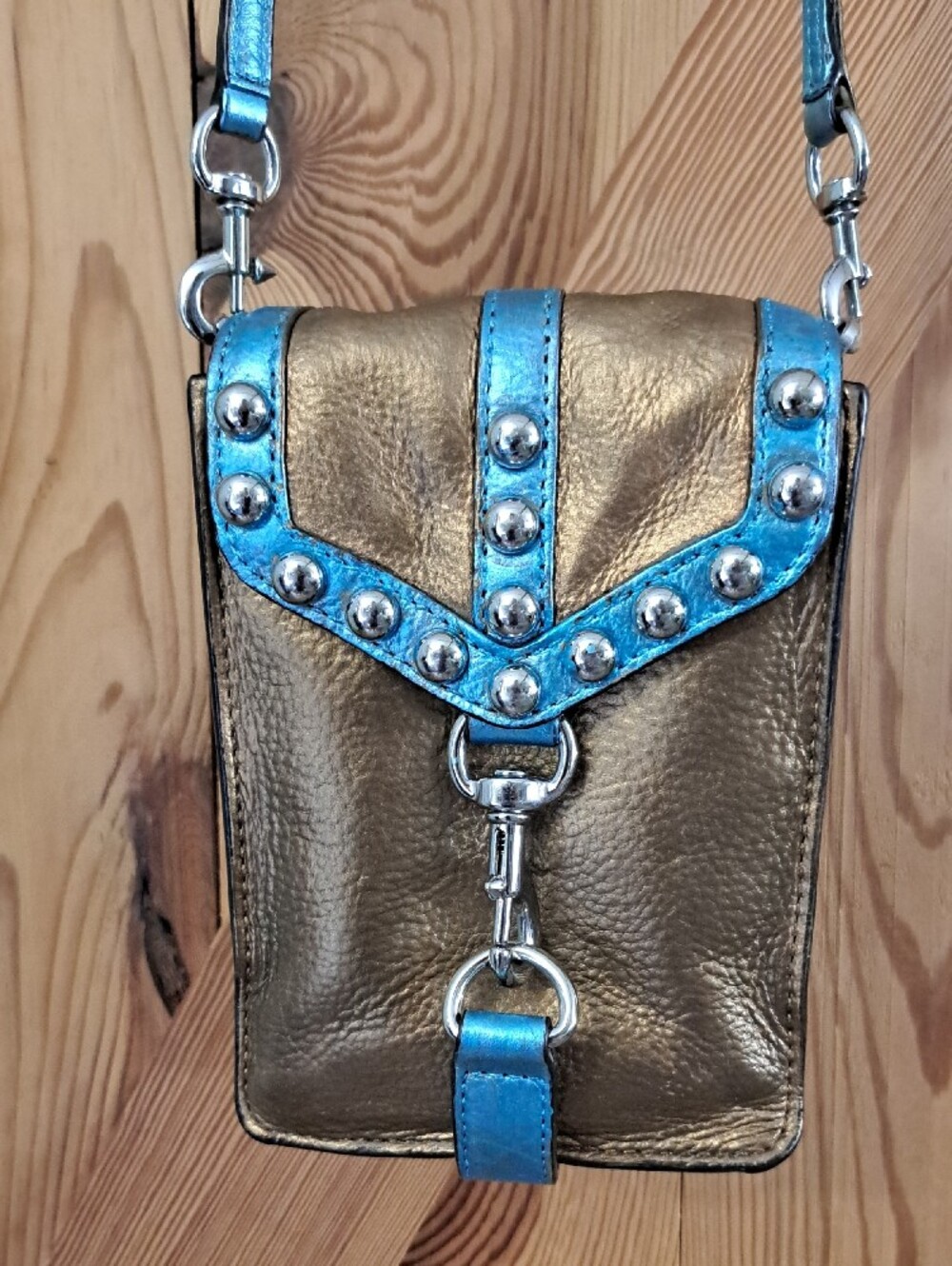 Hand Painted Metallic Bronze Crossbody Phone Bag with Turquoise Trim - Picture 4 of 14